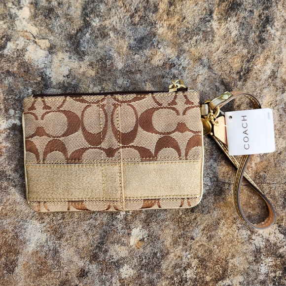 Coach Handbags - NWT Coach Signature Gold Stripe Wristlet Pouch Wallet